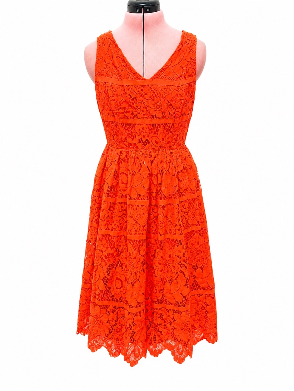 Vibrant Orange Floral Lace Midi Dress